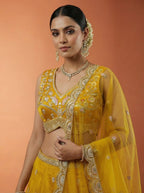 Mustard Chinnon Silk Lahenga with Motif Sequince Embroidery