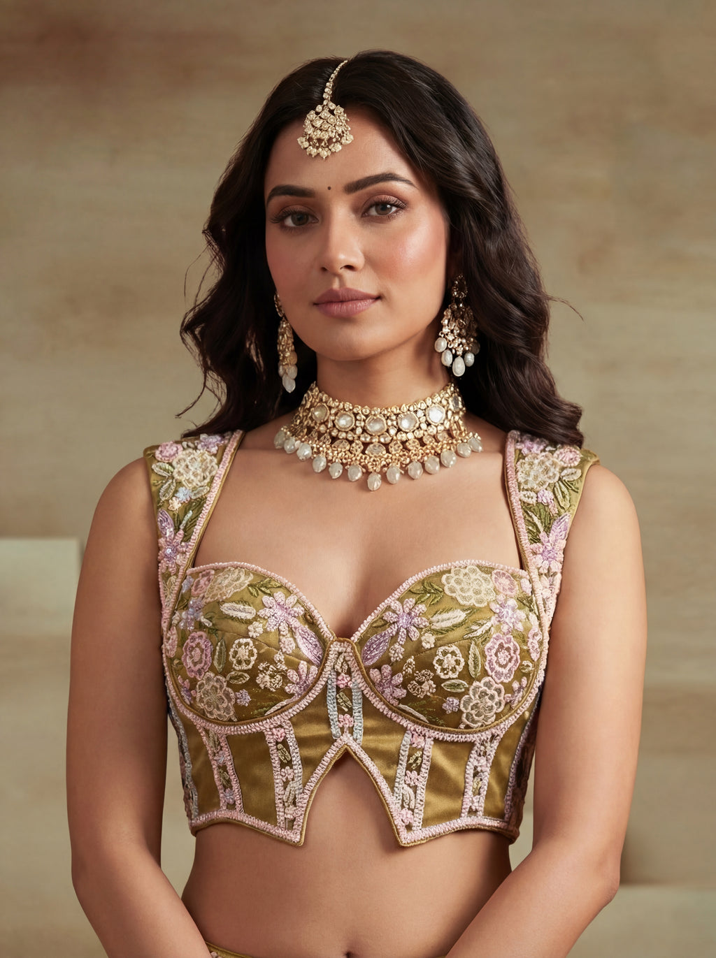 Mustard Tissue Lahenga with Moti Embroidery