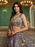 Shade of Purple Tissue Lahenga with beads sequince Embroidery