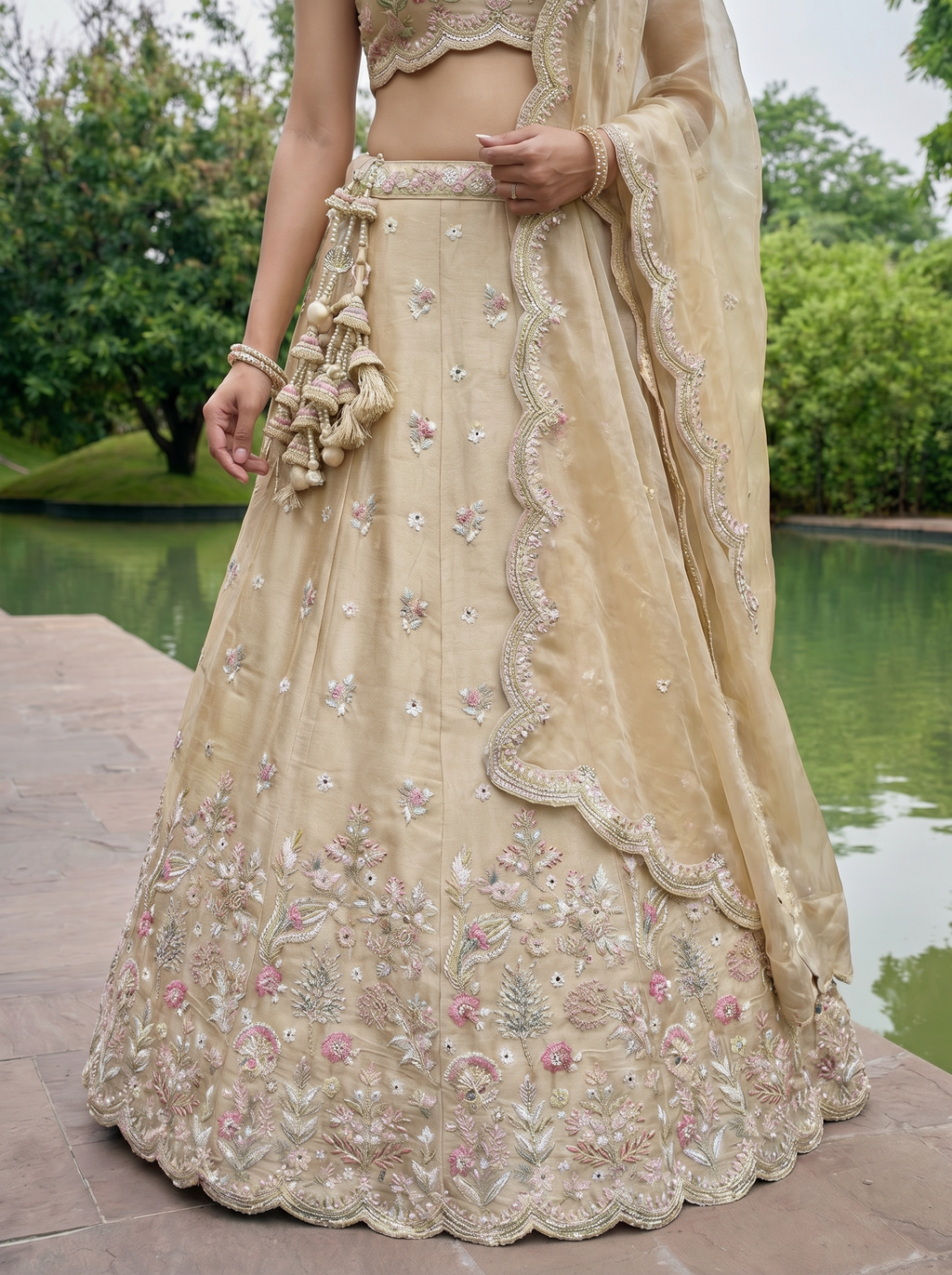 Beige Tissue Lahenga with Mirror sequince Embroidery