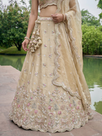 Beige Tissue Lahenga with Mirror sequince Embroidery