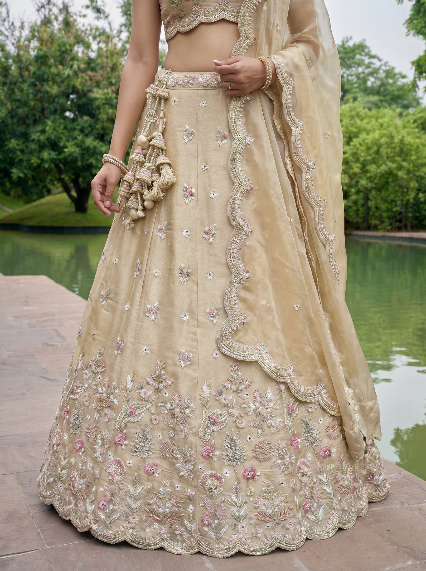 Beige Tissue Lahenga with Mirror sequince Embroidery