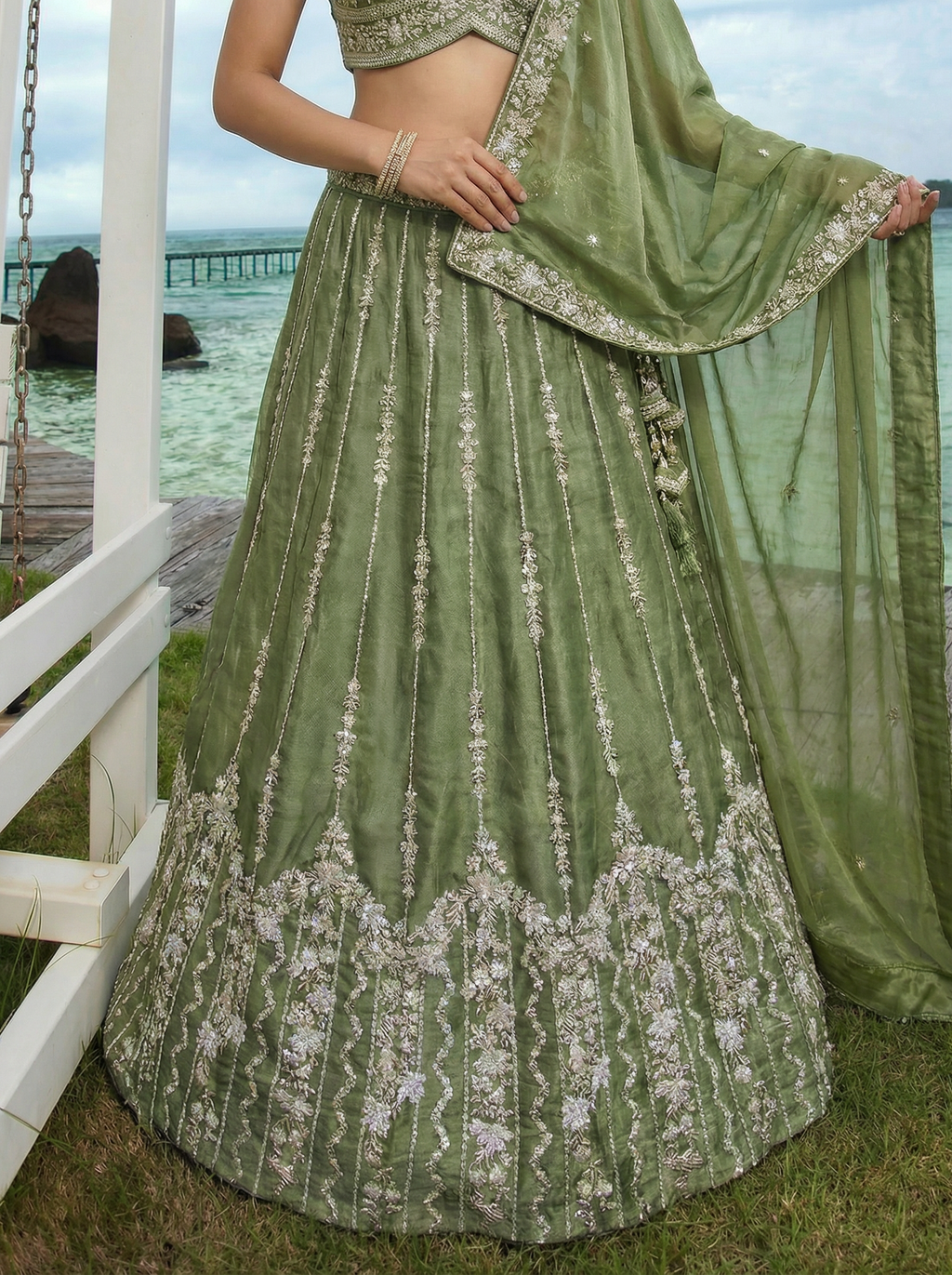 Pista Green Chiffon Lahenga with Zari Embroidery