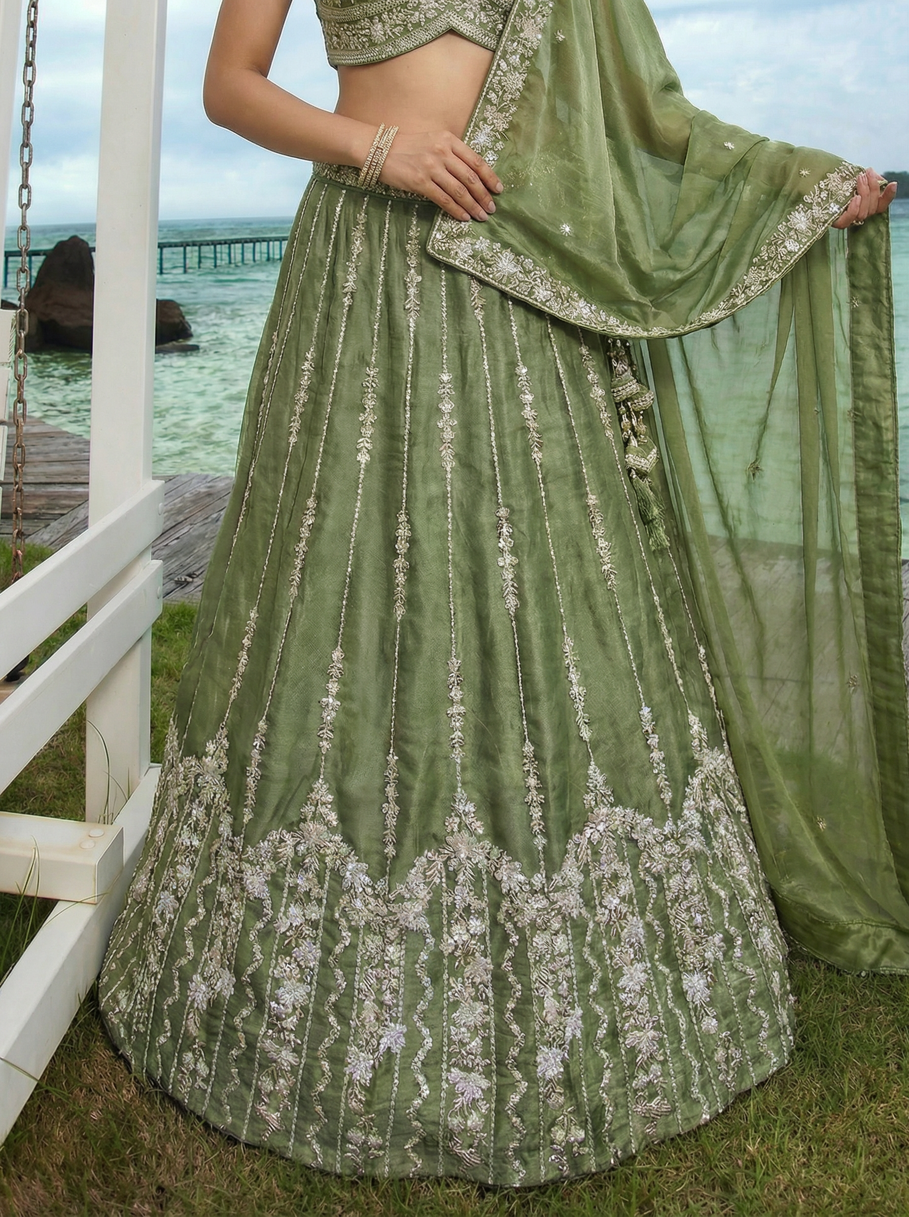 Pista Green Chiffon Lahenga with Zari Embroidery