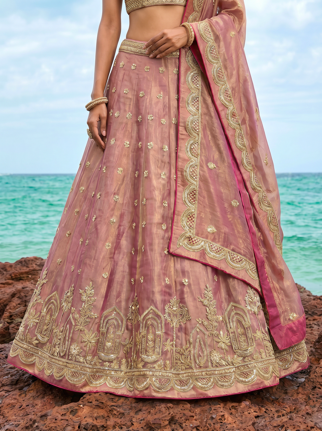 Rose Gold Tissue Lahenga with Sequince Embroidery