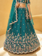 Teal Blue Tissue Lahenga With Mirror Sequince Embroidery