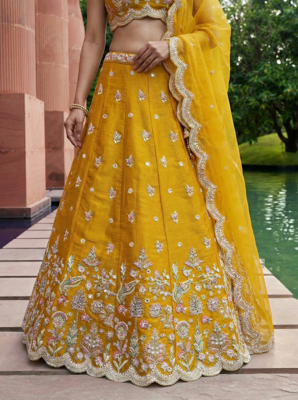 Mustard Tissue Lahenga with Mirror Sequince Embroidery