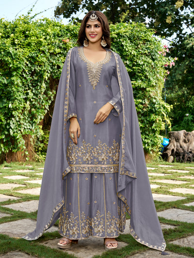 Cool Grey with Purple shade Chinnon Silk Beads & Sequince Embroidery Palazzo set