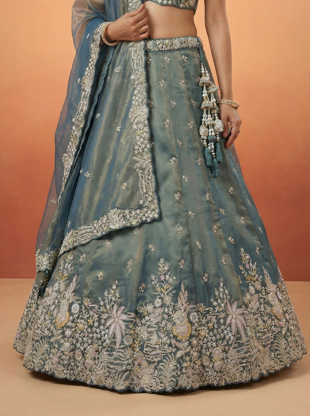 Peacock Blue Tissue Lahenga with Moti Embroidery