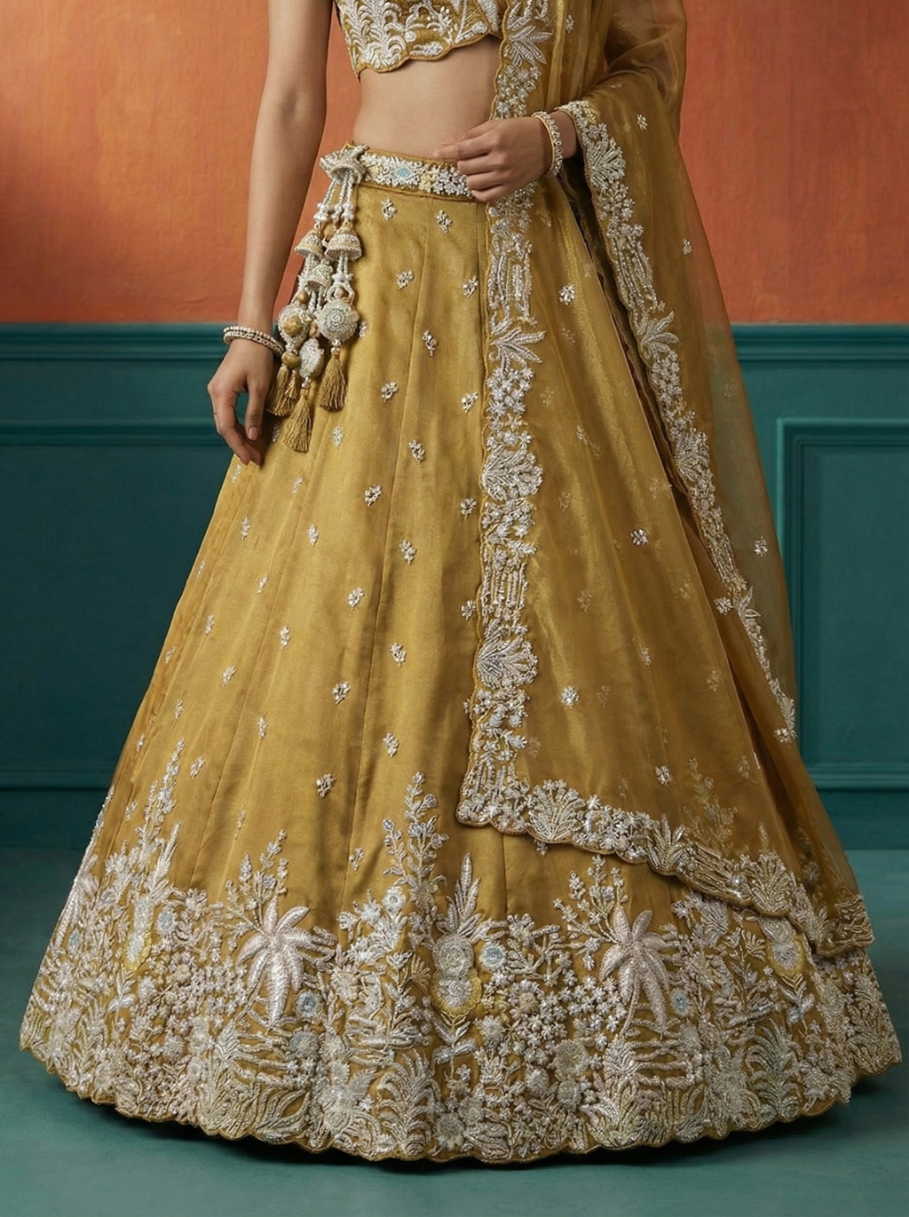 Mustard Tissue Lahenga with Moti Embroidery