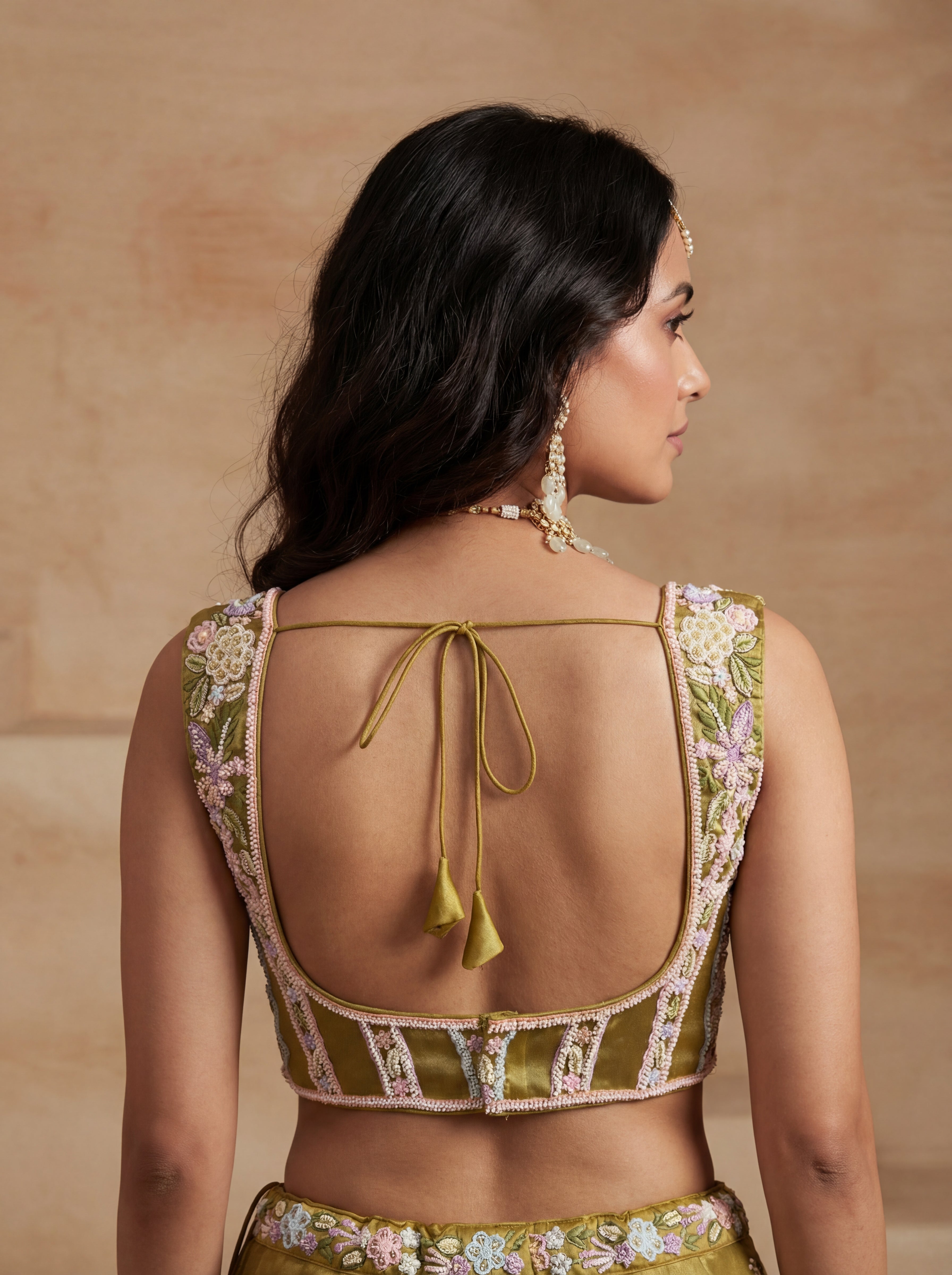 Mustard Tissue Lahenga with Moti Embroidery