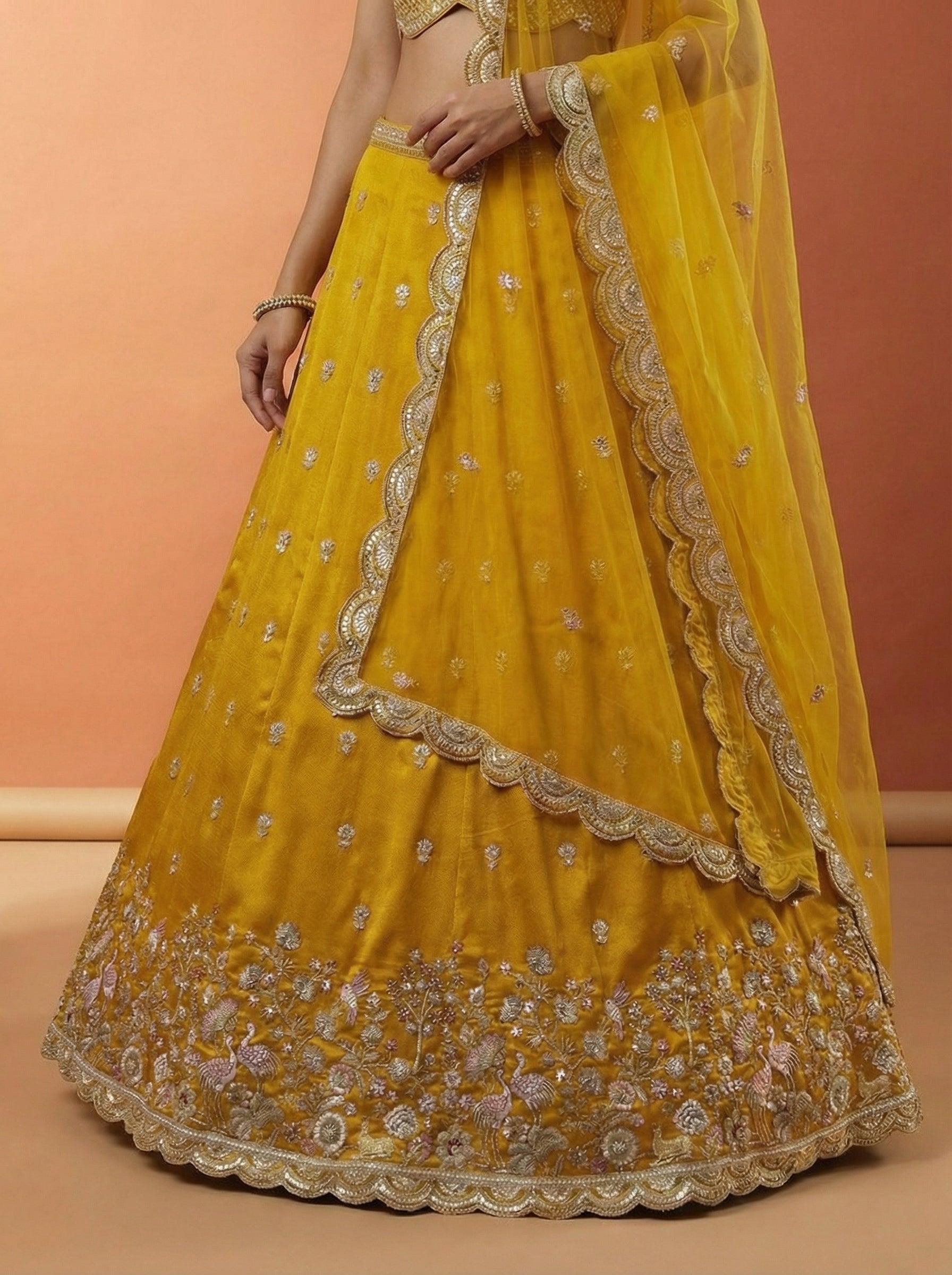 Mustard Chinnon Silk Lahenga with Motif Sequince Embroidery