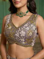 Shade of Purple Tissue Lahenga with beads sequince Embroidery