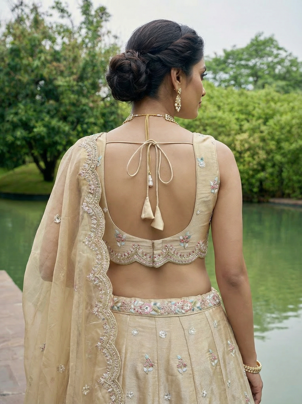 Beige Tissue Lahenga with Mirror sequince Embroidery