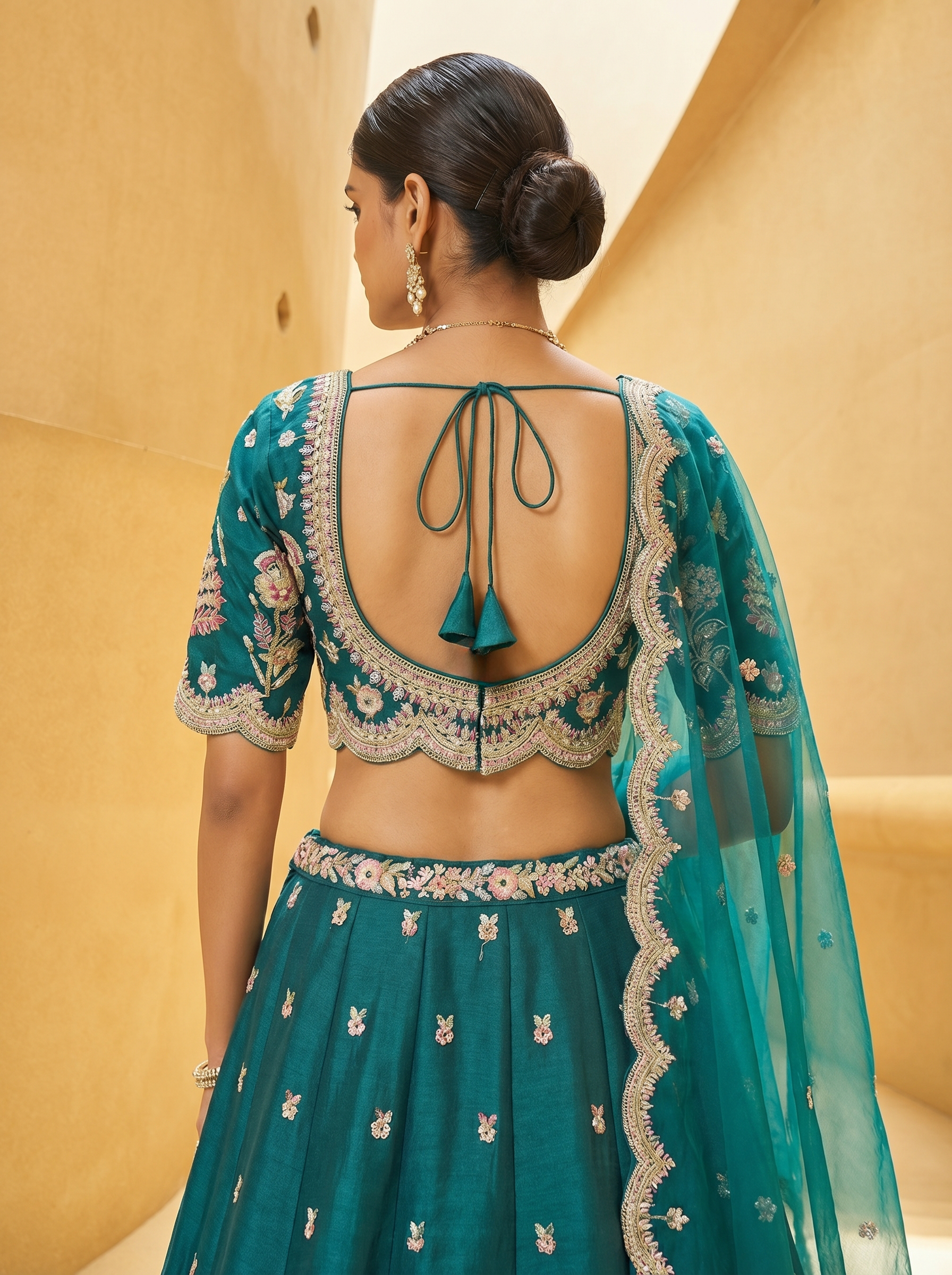 Teal Blue Tissue Lahenga With Mirror Sequince Embroidery