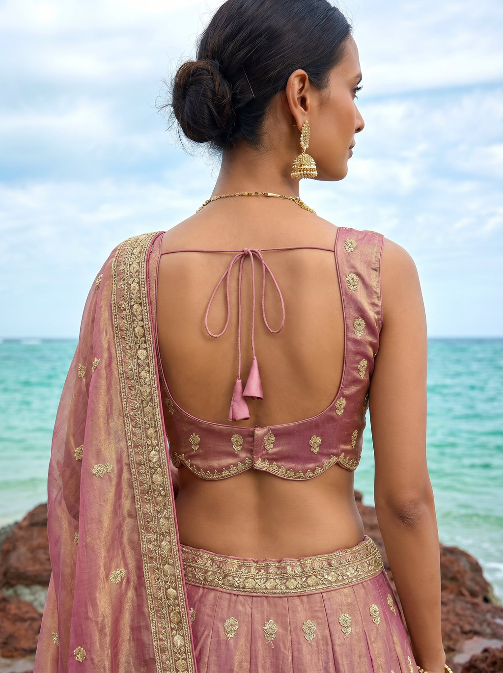 Rose Gold Tissue Lahenga with Sequince Embroidery