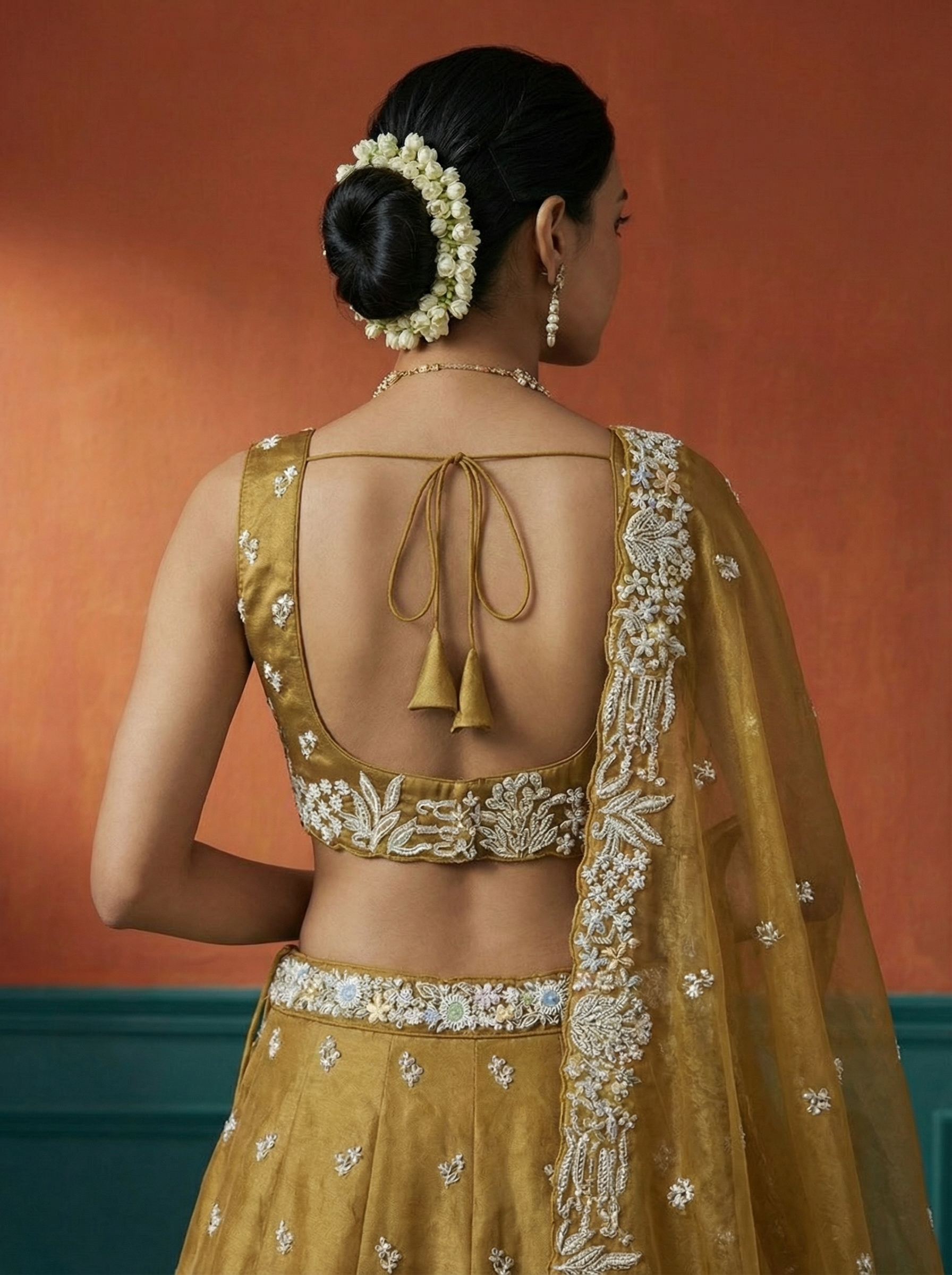 Mustard Tissue Lahenga with Moti Embroidery