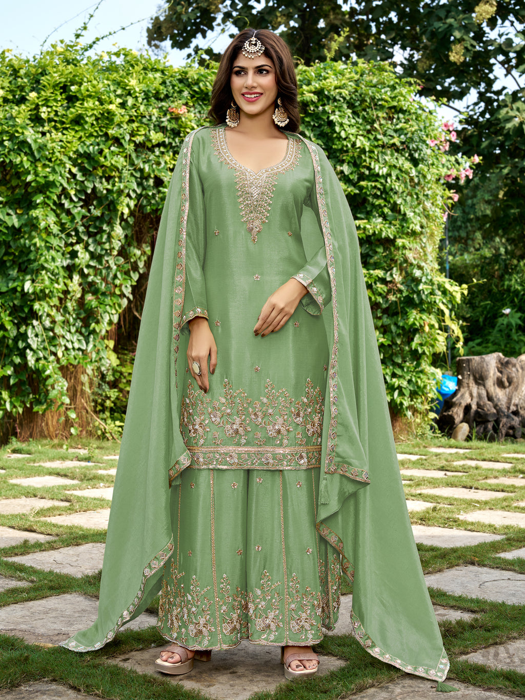 Pastel Green Chinnon Silk Beads & Sequince Embroidery Palazzo set