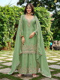Pastel Green Chinnon Silk Beads & Sequince Embroidery Palazzo set