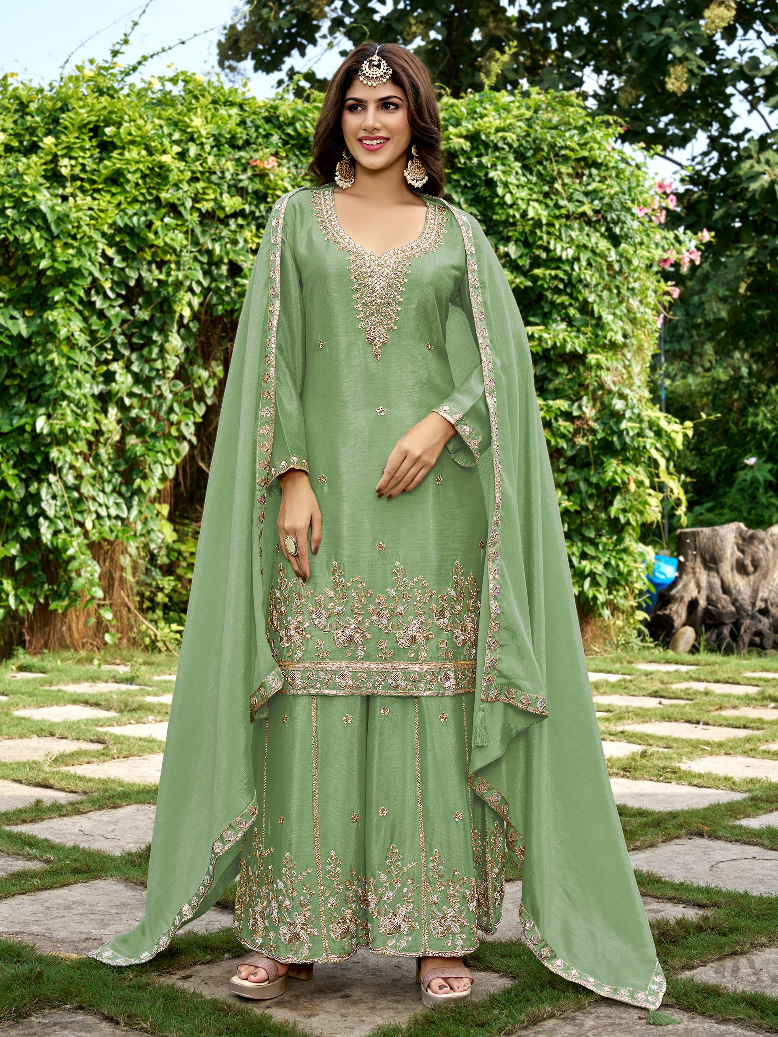 Pastel Green Chinnon Silk Beads & Sequince Embroidery Palazzo set