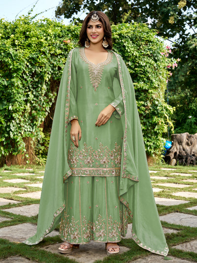 Pastel Green Chinnon Silk Beads & Sequince Embroidery Palazzo set