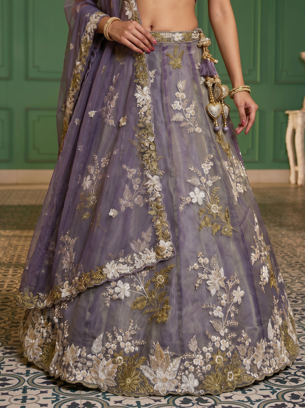 Shade of Purple Tissue Lahenga with beads sequince Embroidery