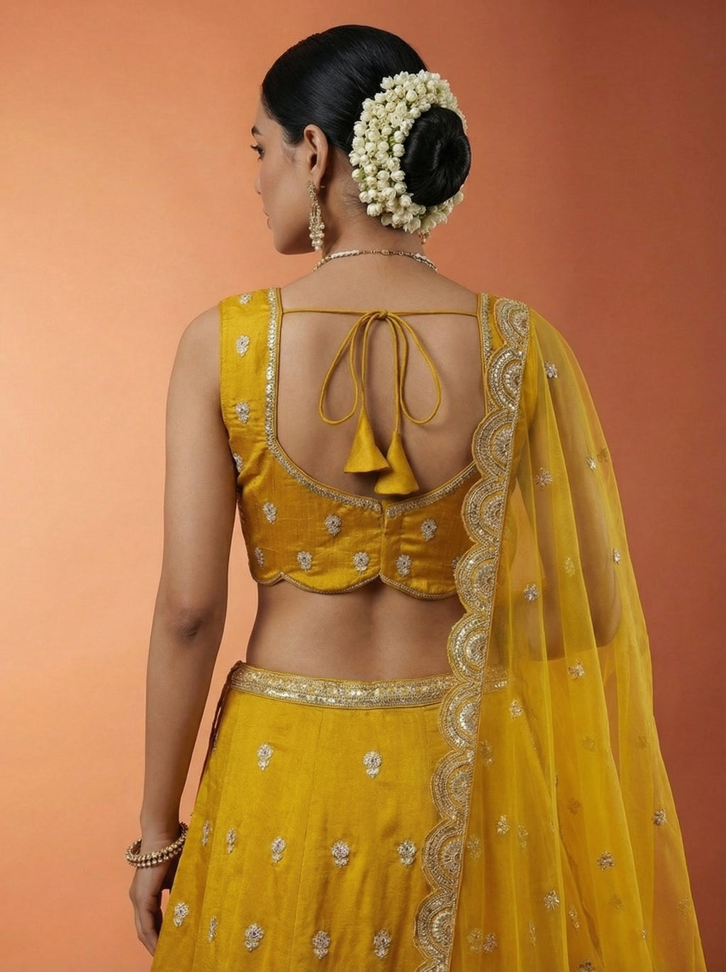 Mustard Chinnon Silk Lahenga with Motif Sequince Embroidery