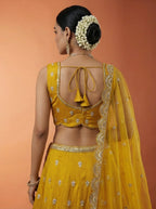 Mustard Chinnon Silk Lahenga with Motif Sequince Embroidery