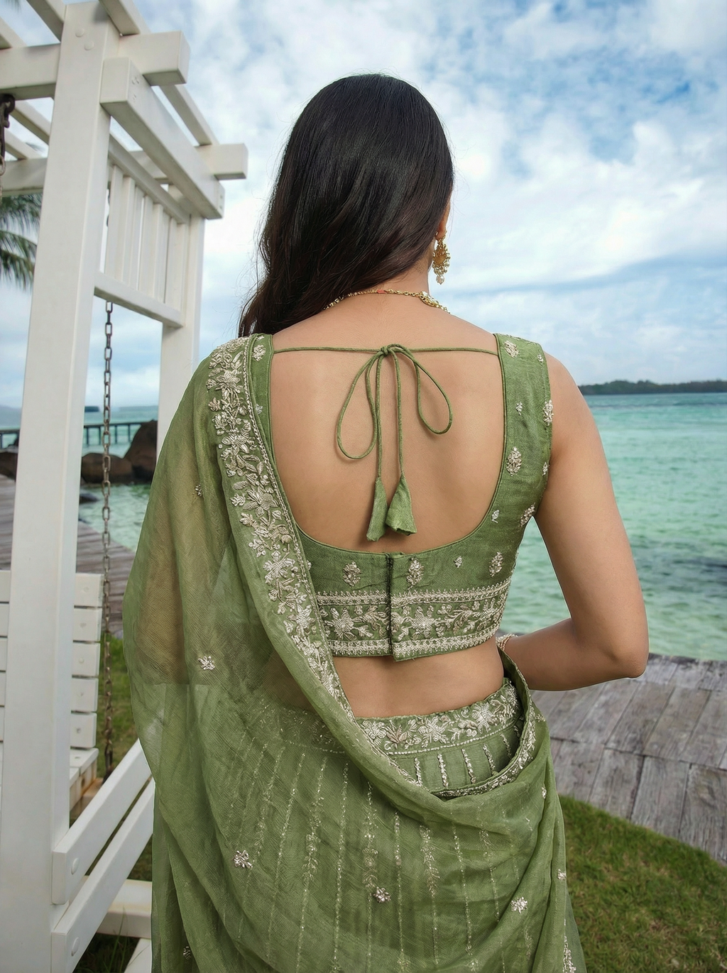 Pista Green Chiffon Lahenga with Zari Embroidery