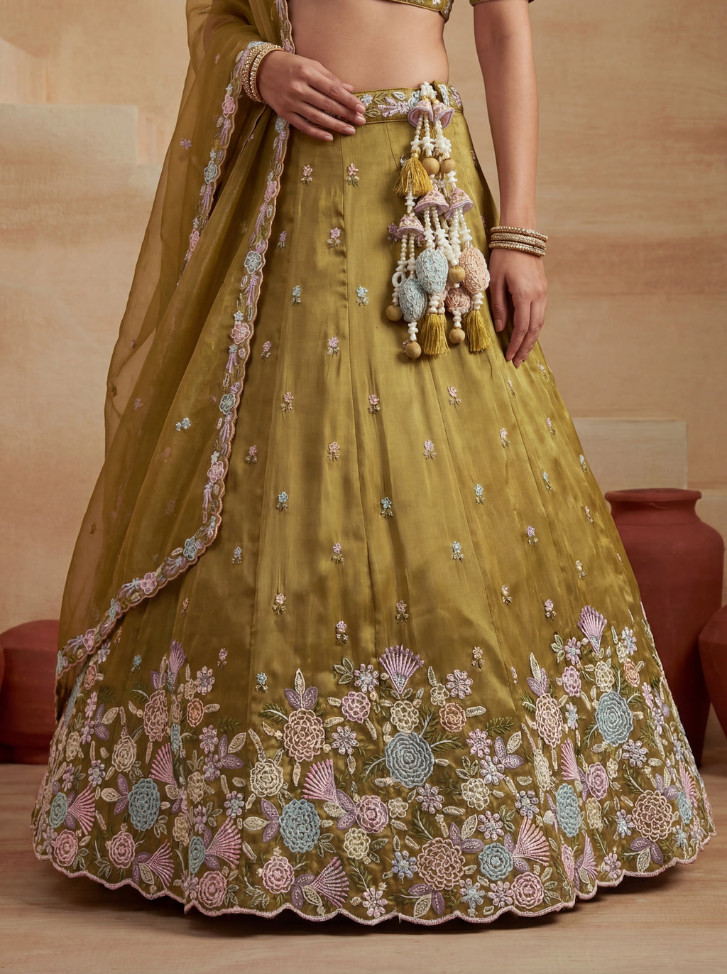 Mustard Tissue Lahenga with Moti Embroidery