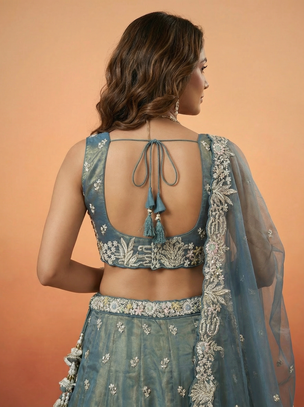 Peacock Blue Tissue Lahenga with Moti Embroidery