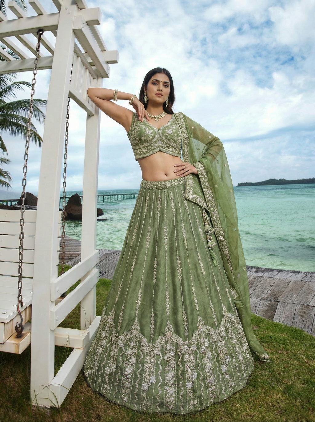 Pista Green Chiffon Lahenga with Zari Embroidery