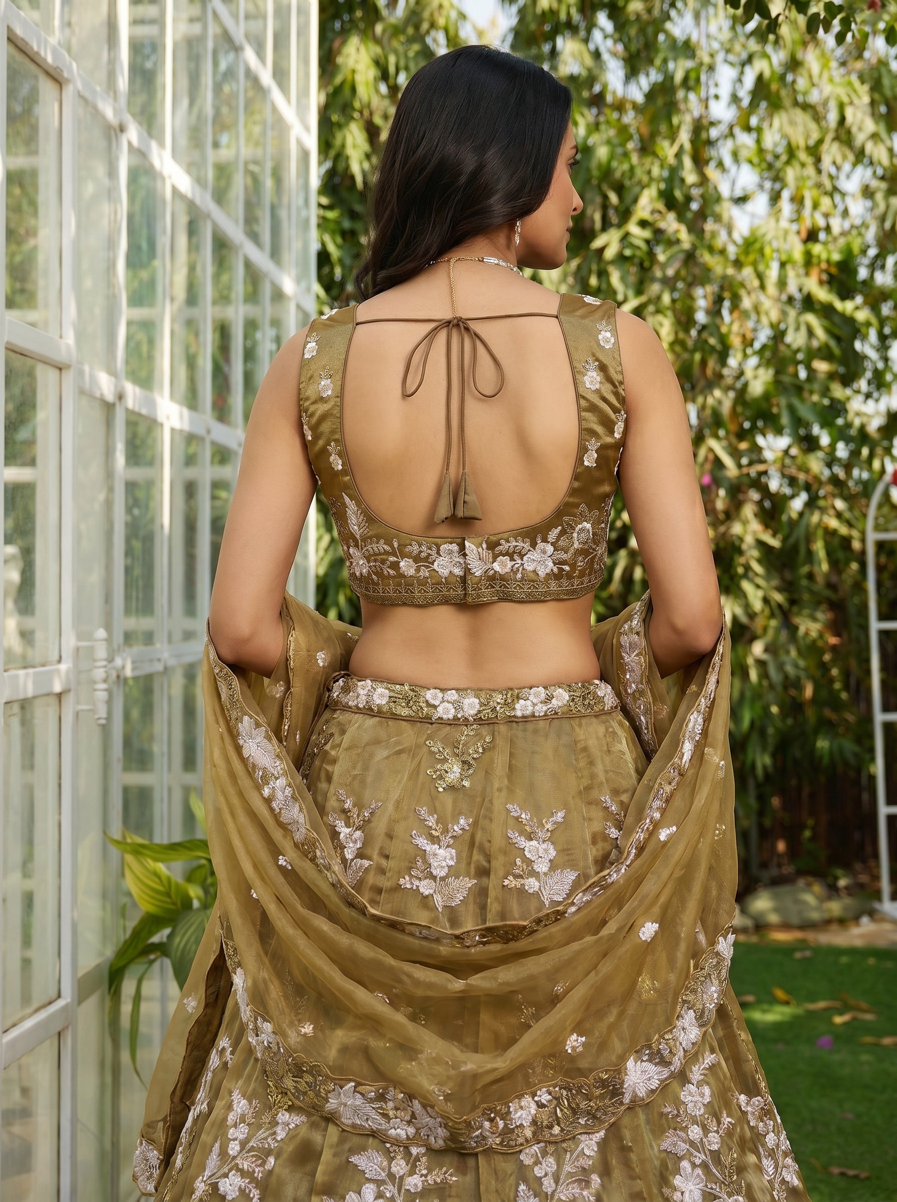 Gold Tissue Lahenga with beads sequince Embroidery