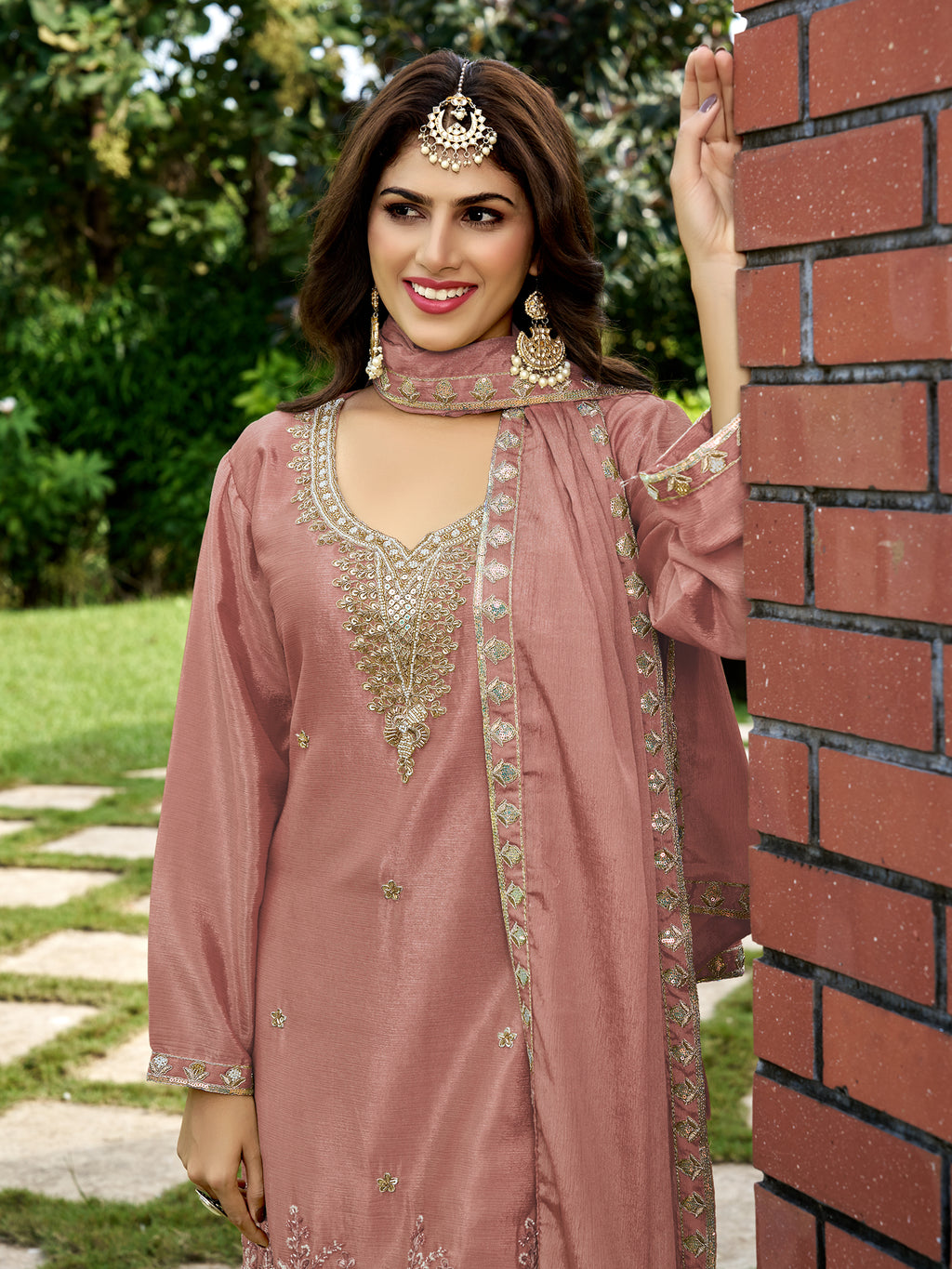 Mauve - Rose Gold Chinnon Silk Beads & Sequince Embroidery Palazzo set