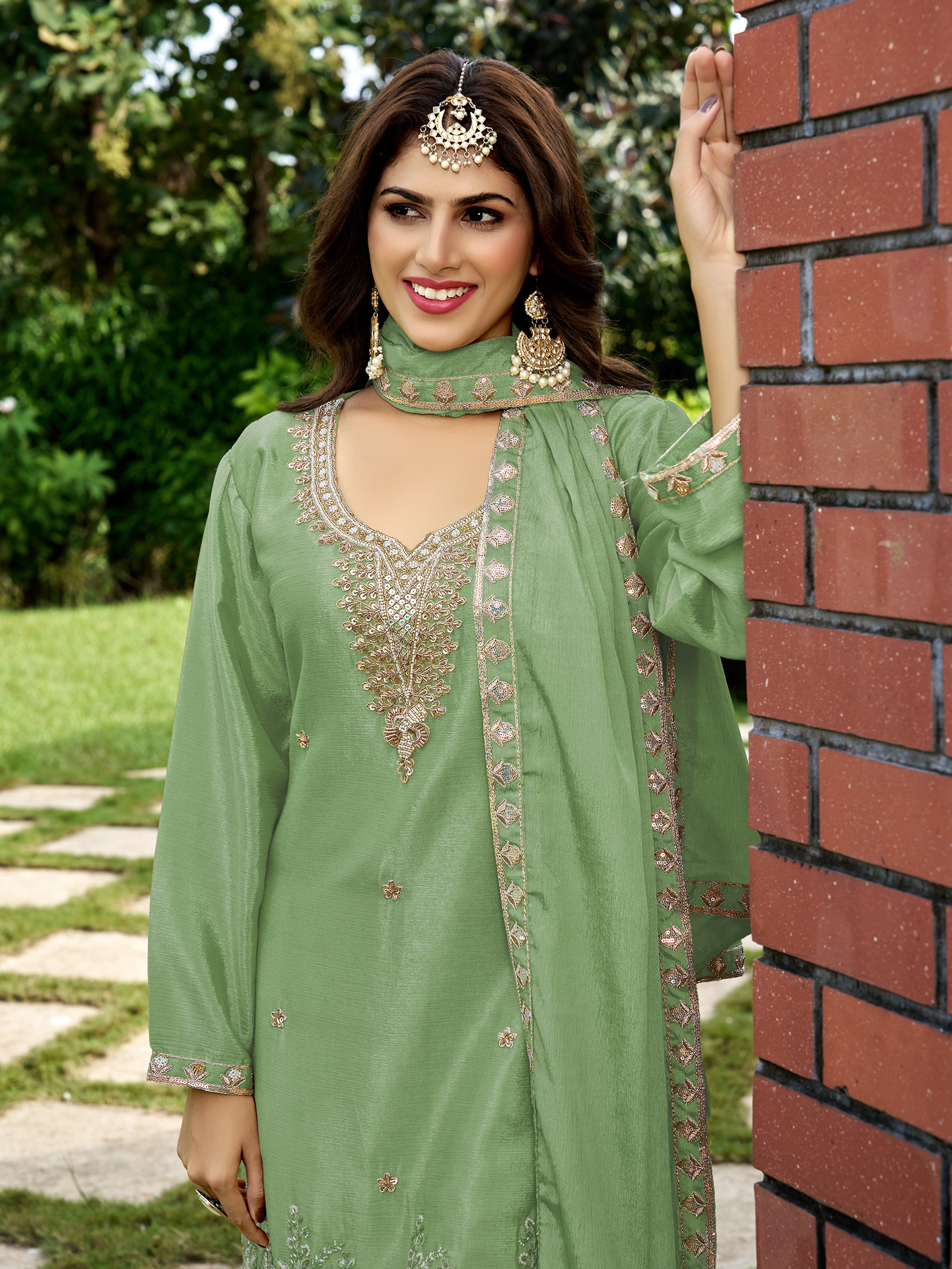 Pastel Green Chinnon Silk Beads & Sequince Embroidery Palazzo set