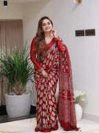 Elegant Red Printed Saree with Intricate Ethnic Motifs