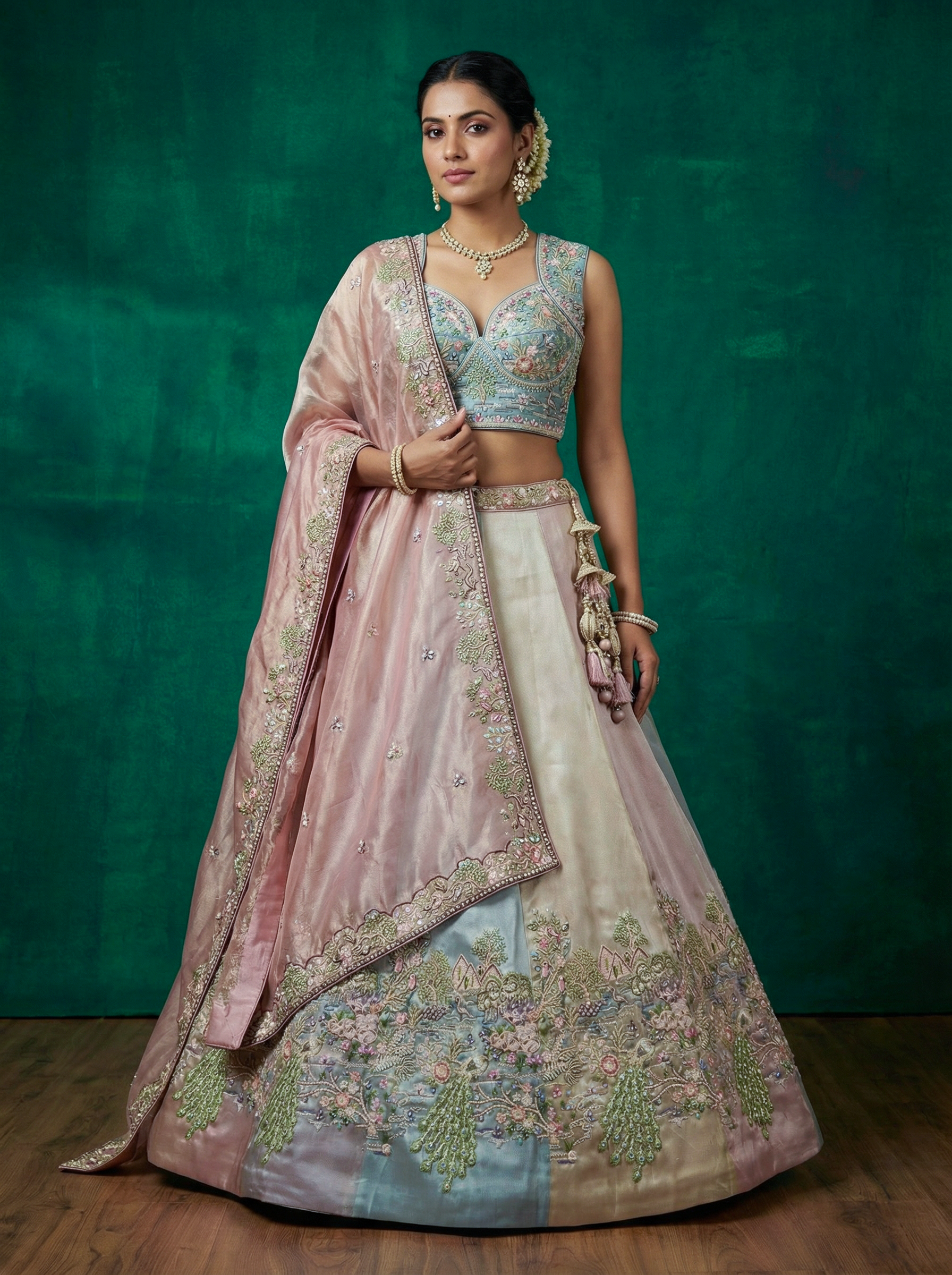 Multi-Color Organza Embroidered Lehenga Choli with Dupatta