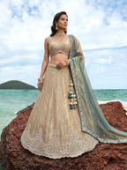 Teal Green Tissue Lahenga with Beads & Zari Embroidery