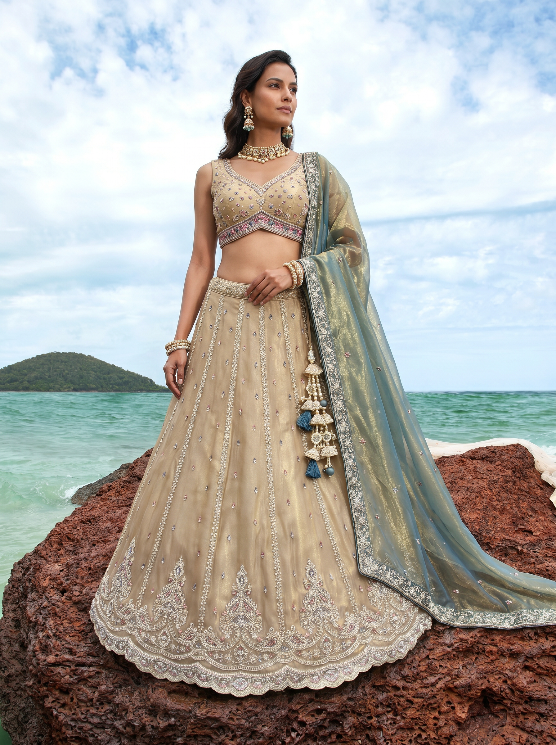 Teal Green Tissue Lahenga with Beads & Zari Embroidery