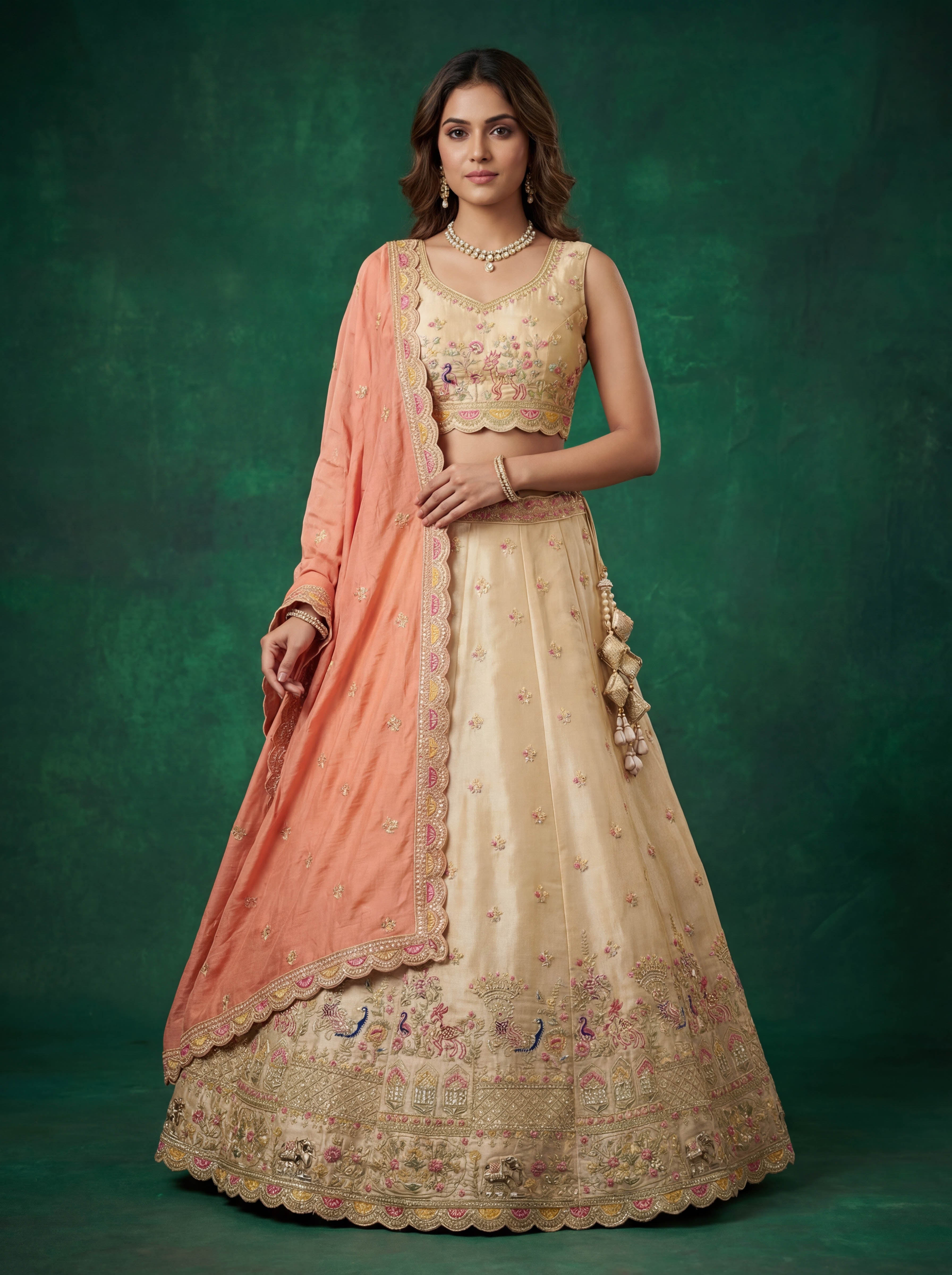 Beige Tissue Lahenga with Zarkan Embroidery