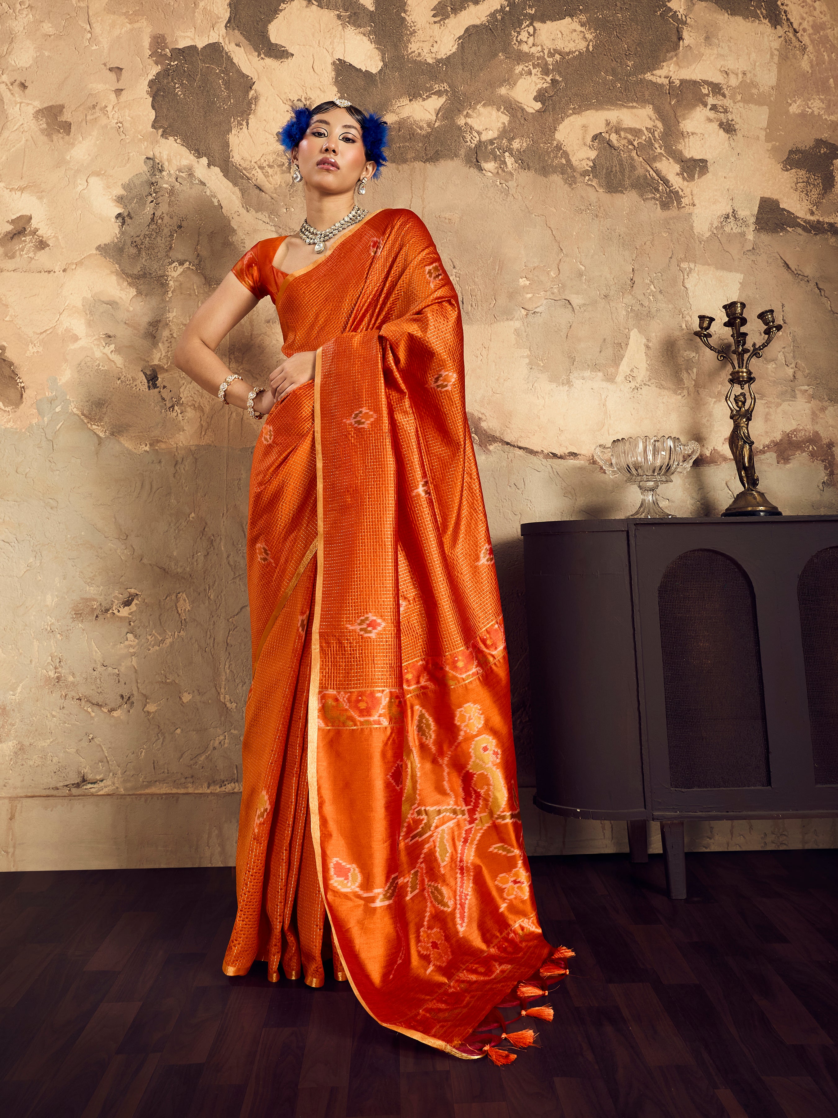 Orange Tussar Handloom Silk Saree