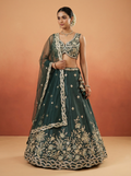 Dark Green Tissue Lahenga with Beads Embroidery