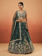 Dark Green Tissue Lahenga with Beads Embroidery
