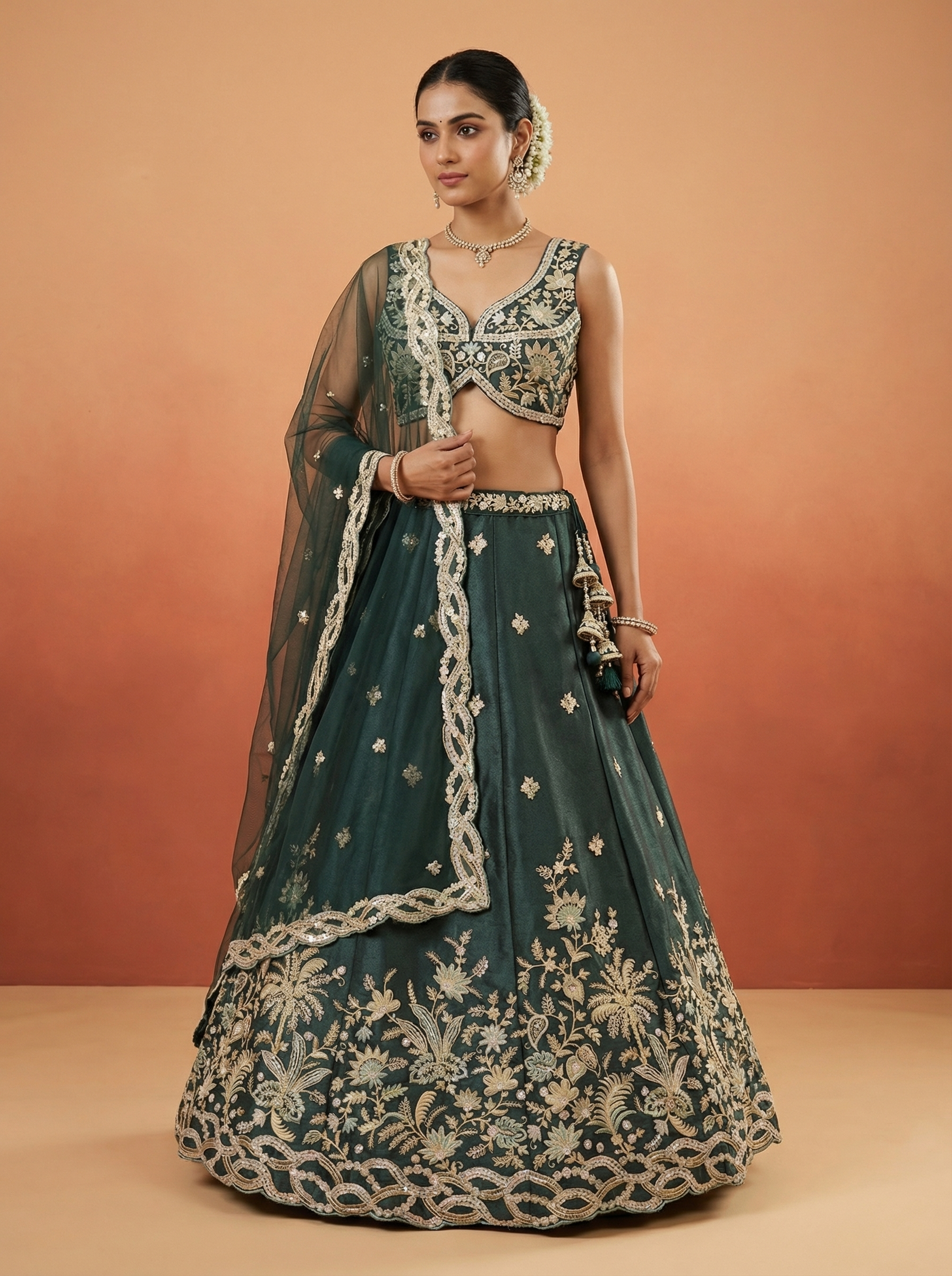 Dark Green Tissue Lahenga with Beads Embroidery
