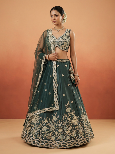 Dark Green Tissue Lahenga with Beads Embroidery