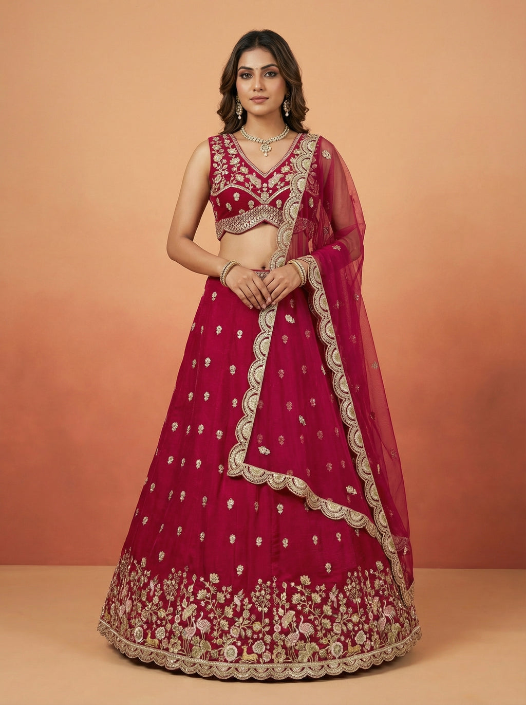 Pink Chinnon Silk Lahenga With Motif Sequince Embroidery