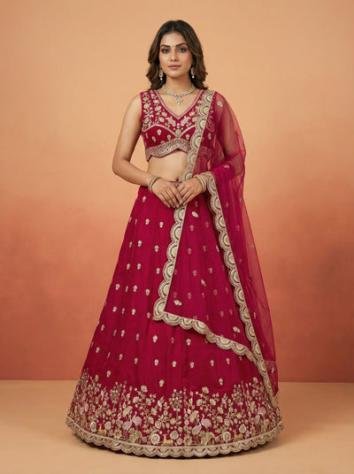 Pink Chinnon Silk Lahenga With Motif Sequince Embroidery