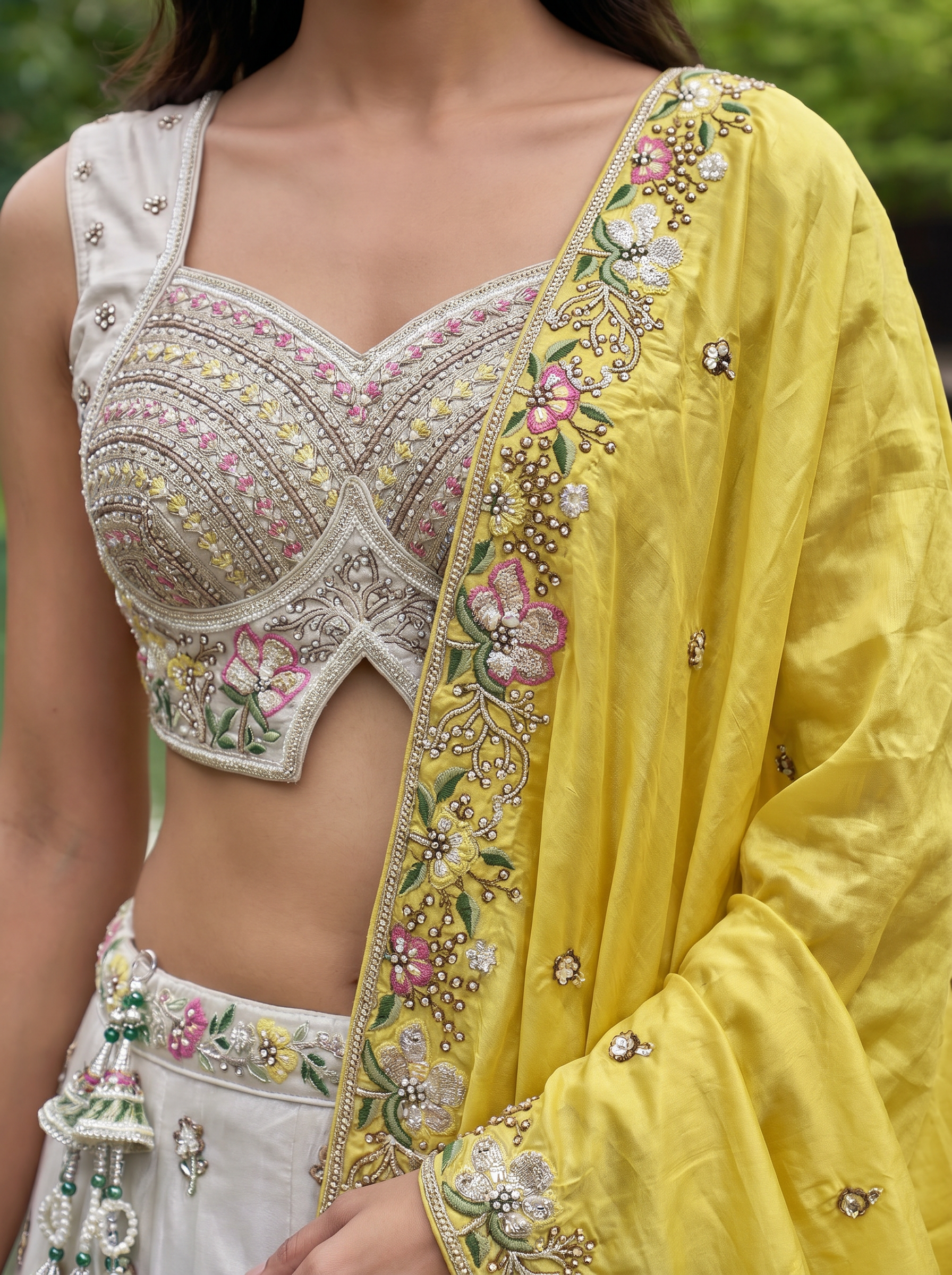 Grey & Mustard Chiffon Lahenga with Sequince Embroidery