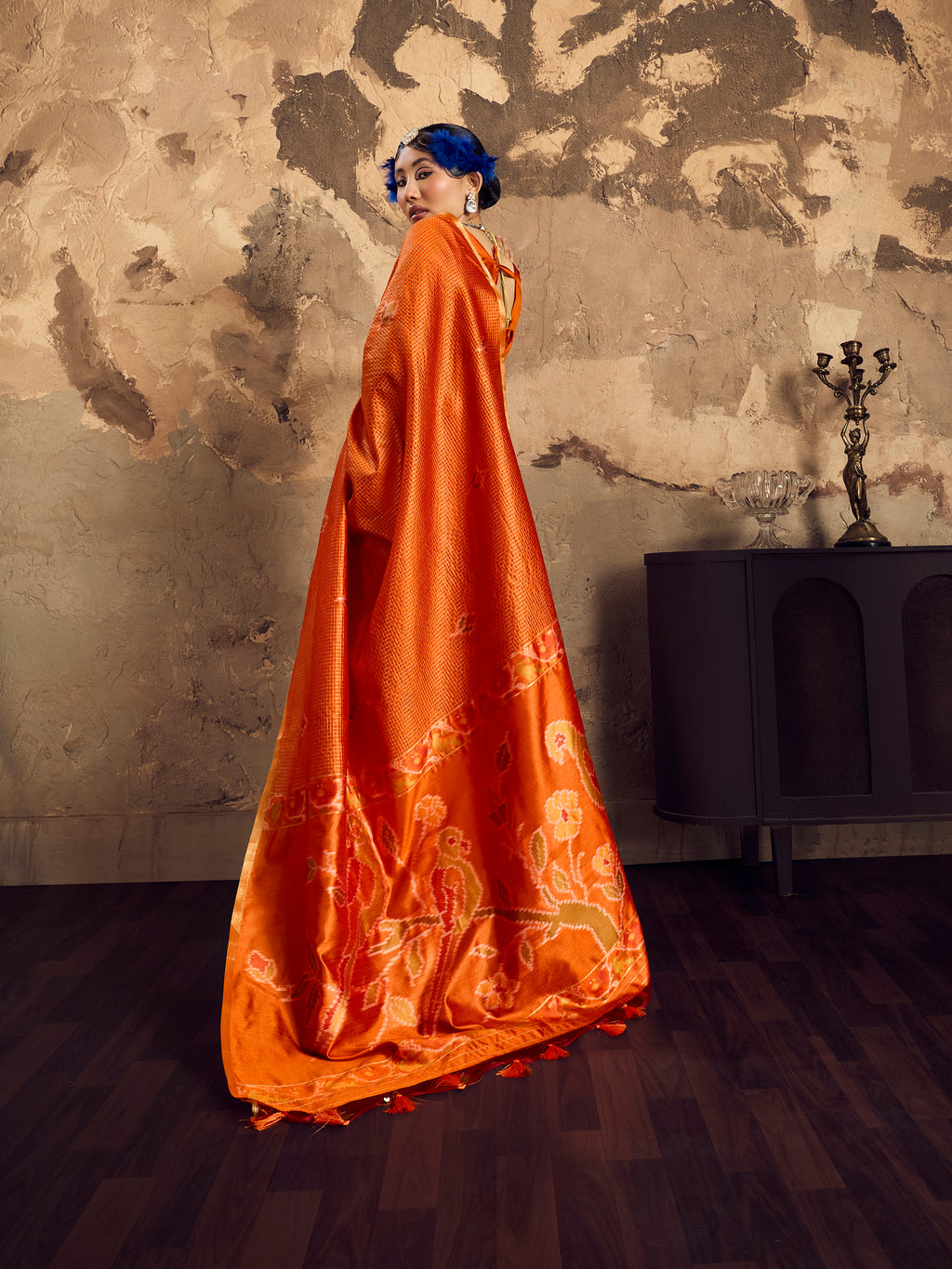 Orange Tussar Handloom Silk Saree