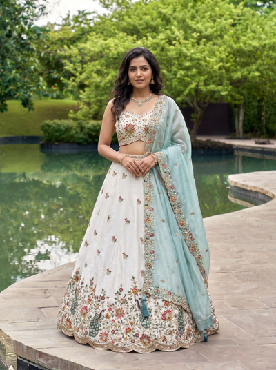 Cream & Blue Organza Lahenga with Zarkan & Sequince Embroidery